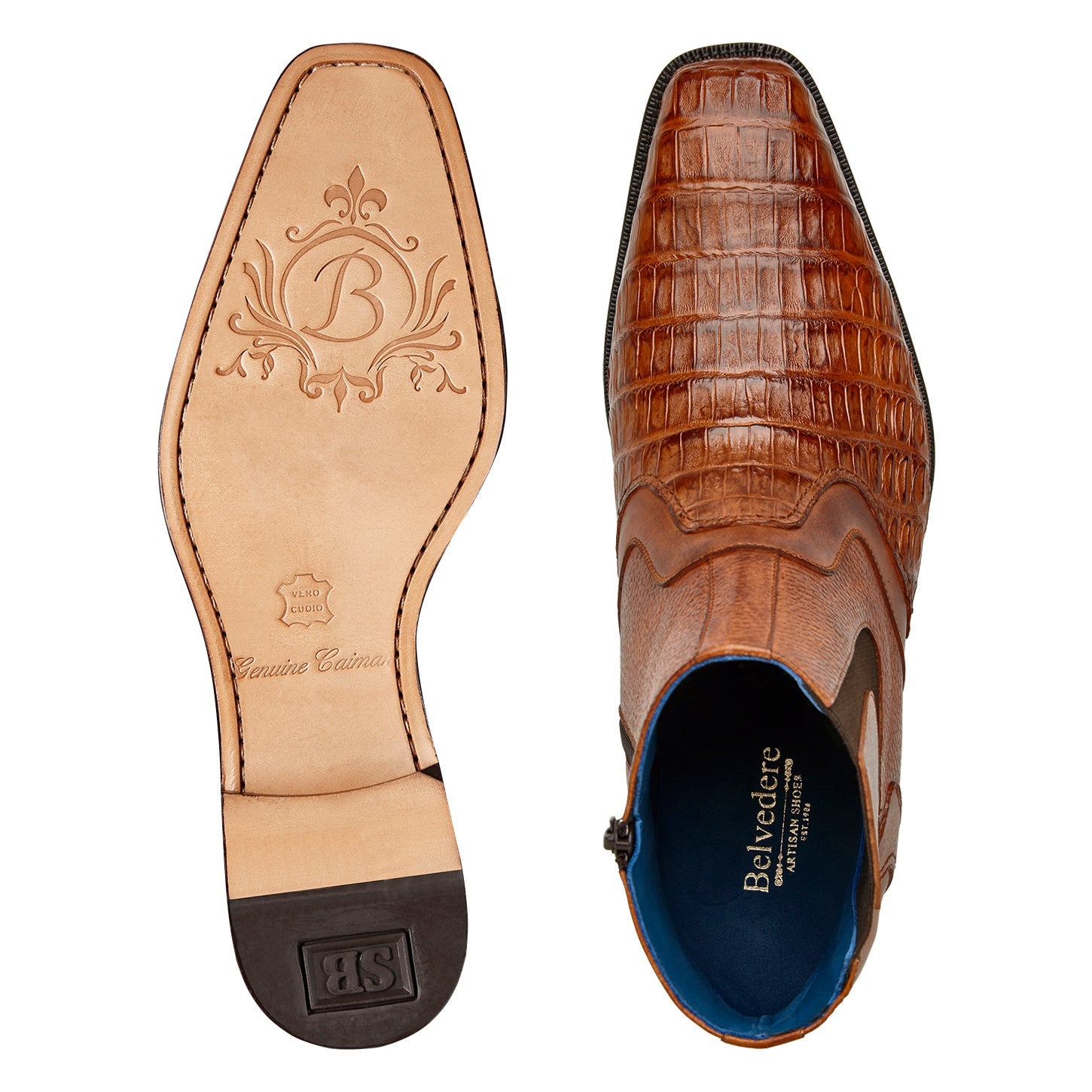 The BELVEDERE Monte (R102) is a brown Italian leather ankle boot featuring genuine caiman crocodile texture on the toe and side, black elastic panels, and a low heel.