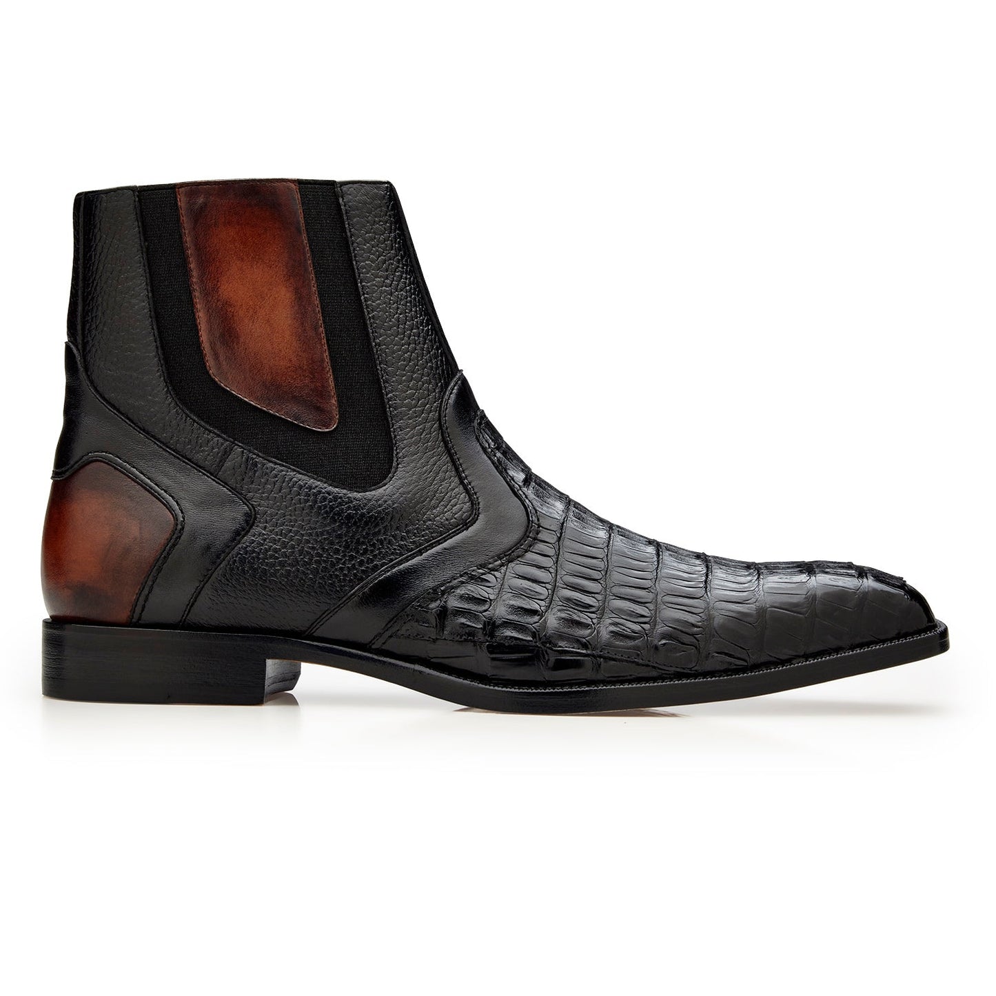 The BELVEDERE Monte - R102 boot features genuine caiman crocodile and Italian leather in black, with a textured front and elastic side panels, displayed in side profile on a white background.