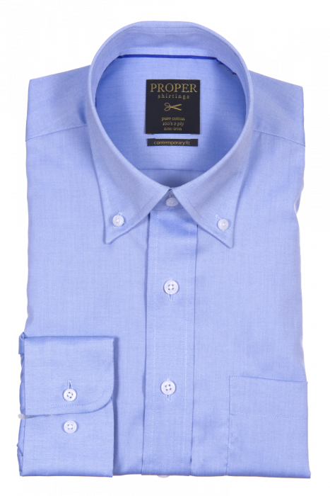 A folded PROPER SHIRTINGS LIGHT BLUE CONTEMPORARY FIT REGULAR CUFF N100CC0R-LBL from Proper Shirtings, featuring a non-iron cotton material and a label inside the collar.