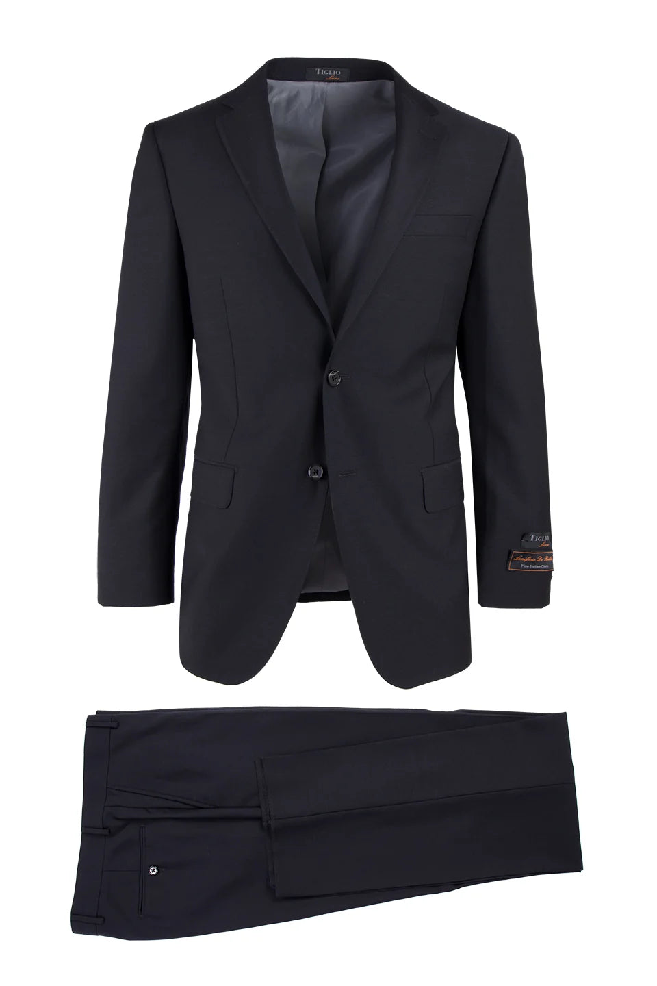 Displayed elegantly on a mannequin, the Tiglio Luxe Novello Modern Fit Black TIG1001 suit by Unique Design Menswear is made from Italian wool and paired with a white dress shirt and dark tie. This ensemble perfectly captures refined elegance with its modern European fit.