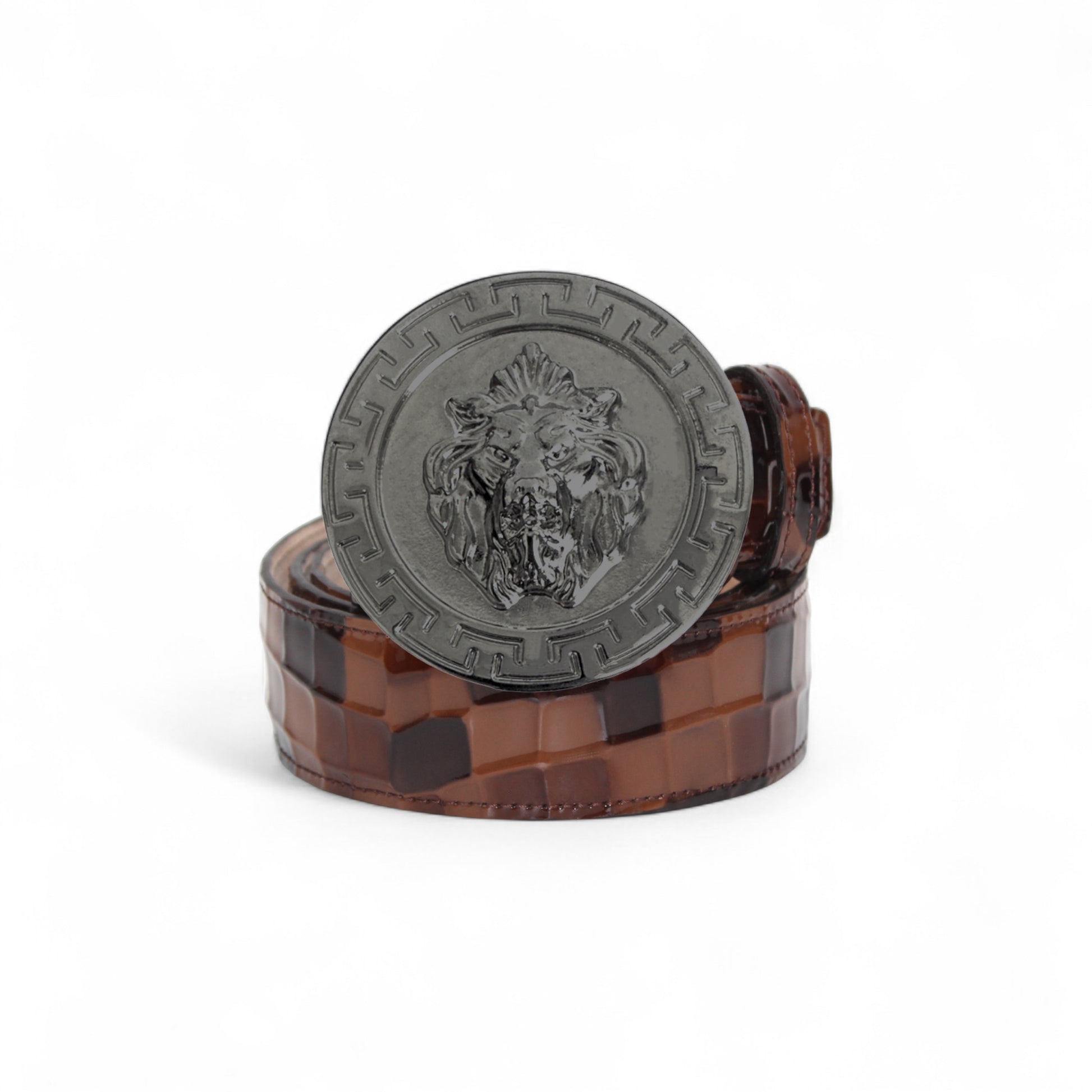 The Matiste Chocolate Leather Belt NS1 by Matiste is crafted from brown patterned Italian leather and features a large, round metallic buckle embossed with a lion’s head.