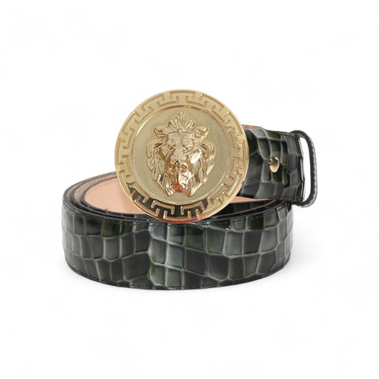 The Matiste Green Leather Belt NS1 by Matiste features dark green Italian leather with a crocodile pattern, finished with a round gold buckle adorned with a lion head design.