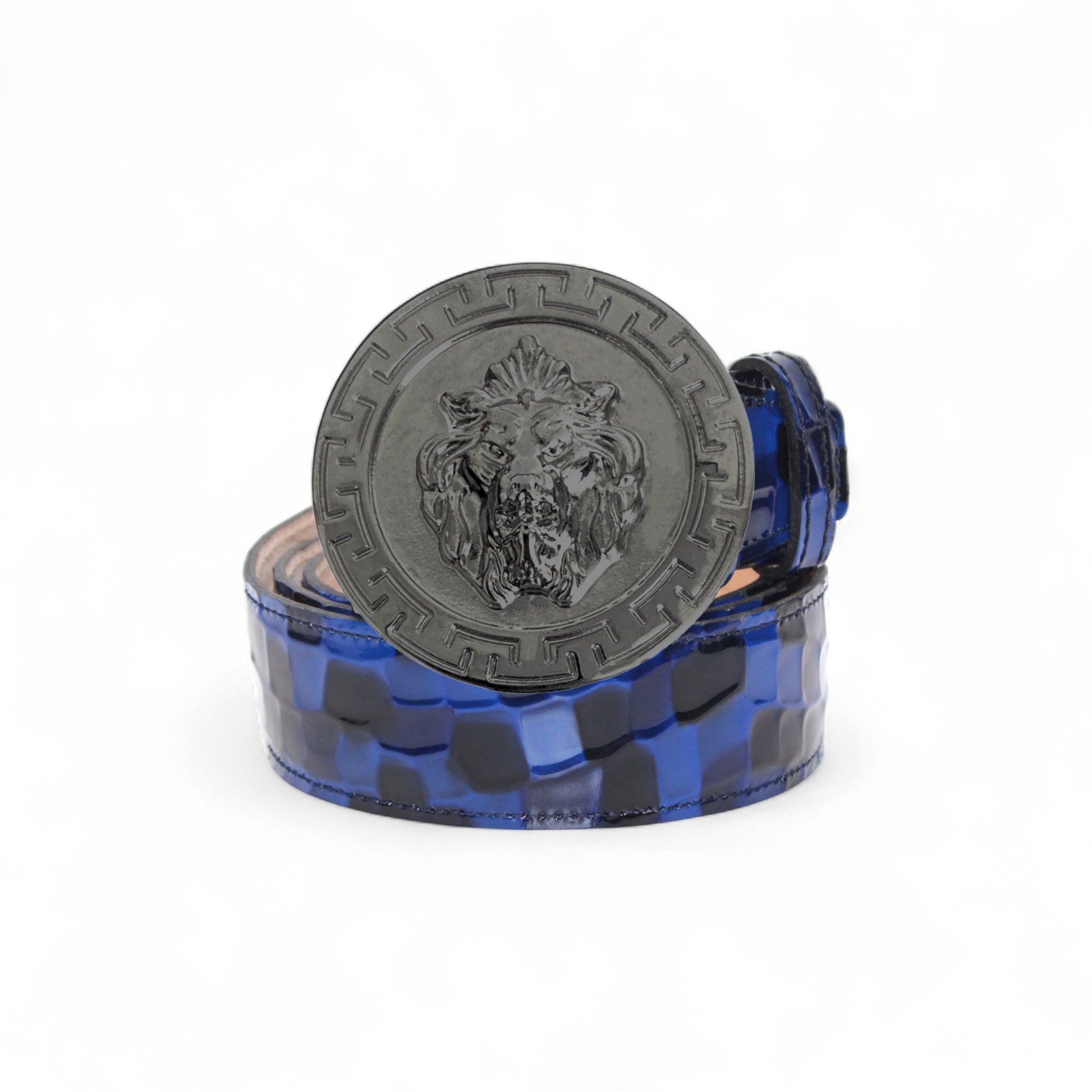 The Matiste Navy Leather Belt NS1 by Matiste features textured blue leather and a bold round metallic buckle with a lion head design.