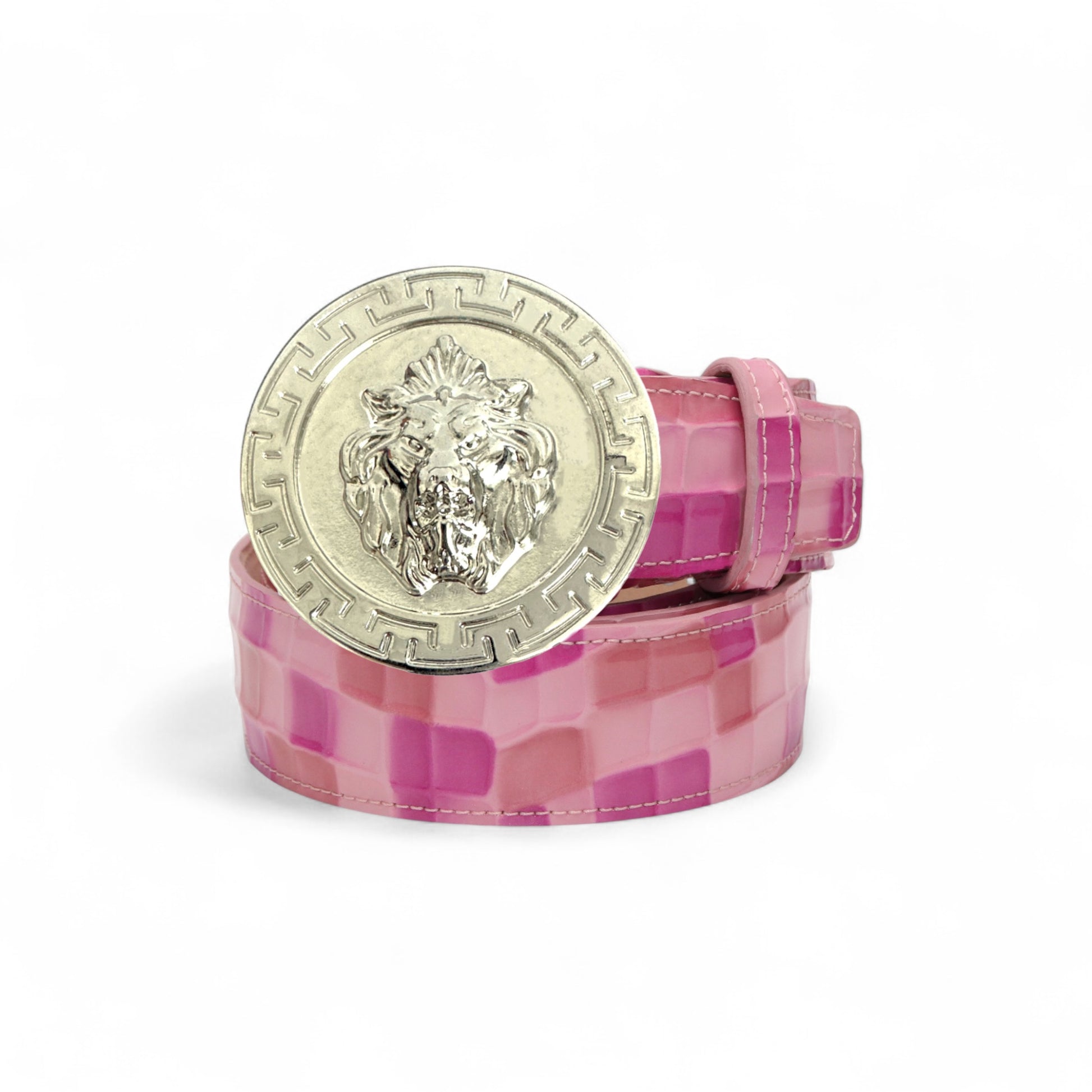 The Matiste Pink Leather Belt NS1 by Matiste is a luxurious checkered pink belt with a large, round silver buckle adorned with a lion's head design.