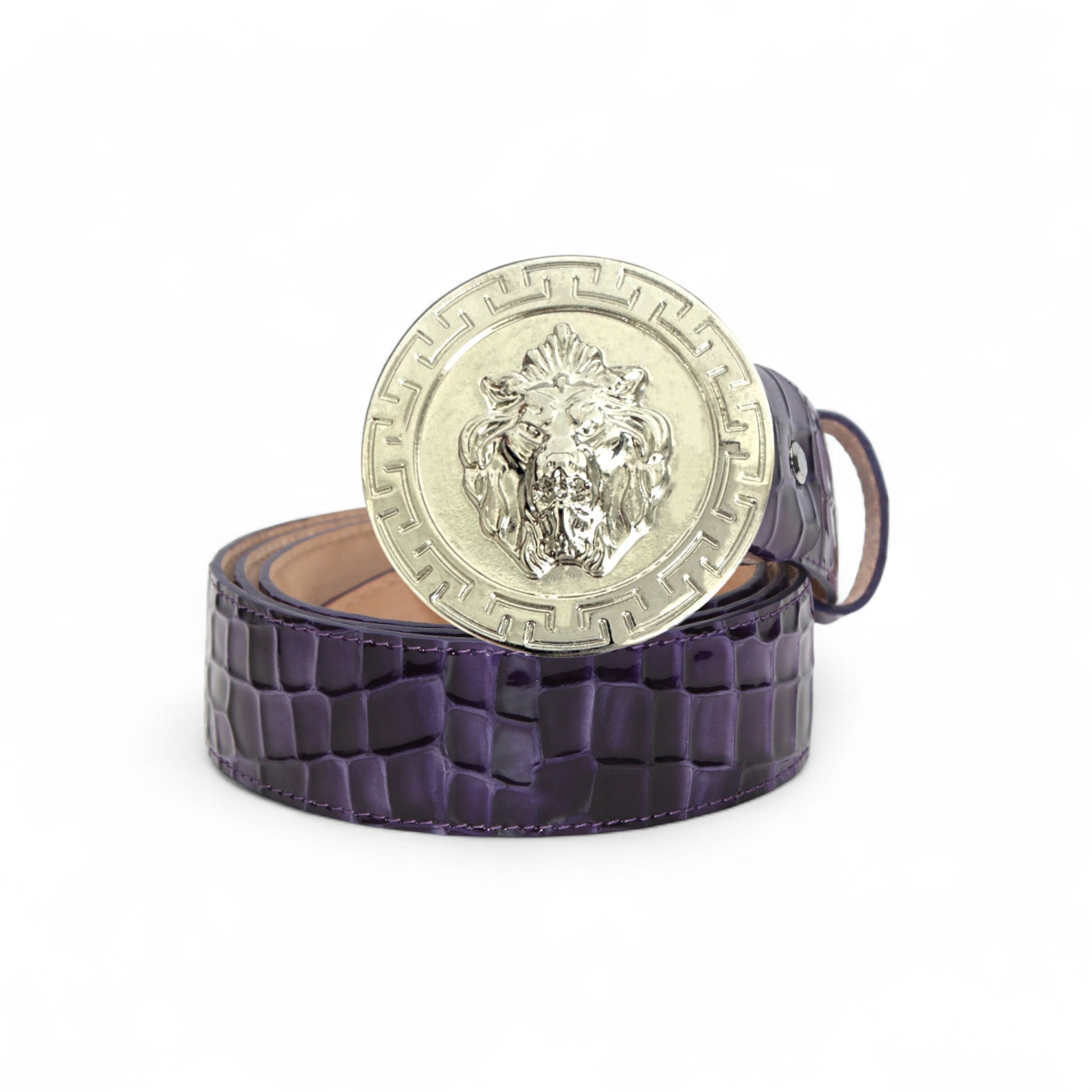 The Matiste Purple Leather Belt NS1 by Matiste features Italian crocodile-patterned leather and a large, round silver buckle with a raised lion head design.