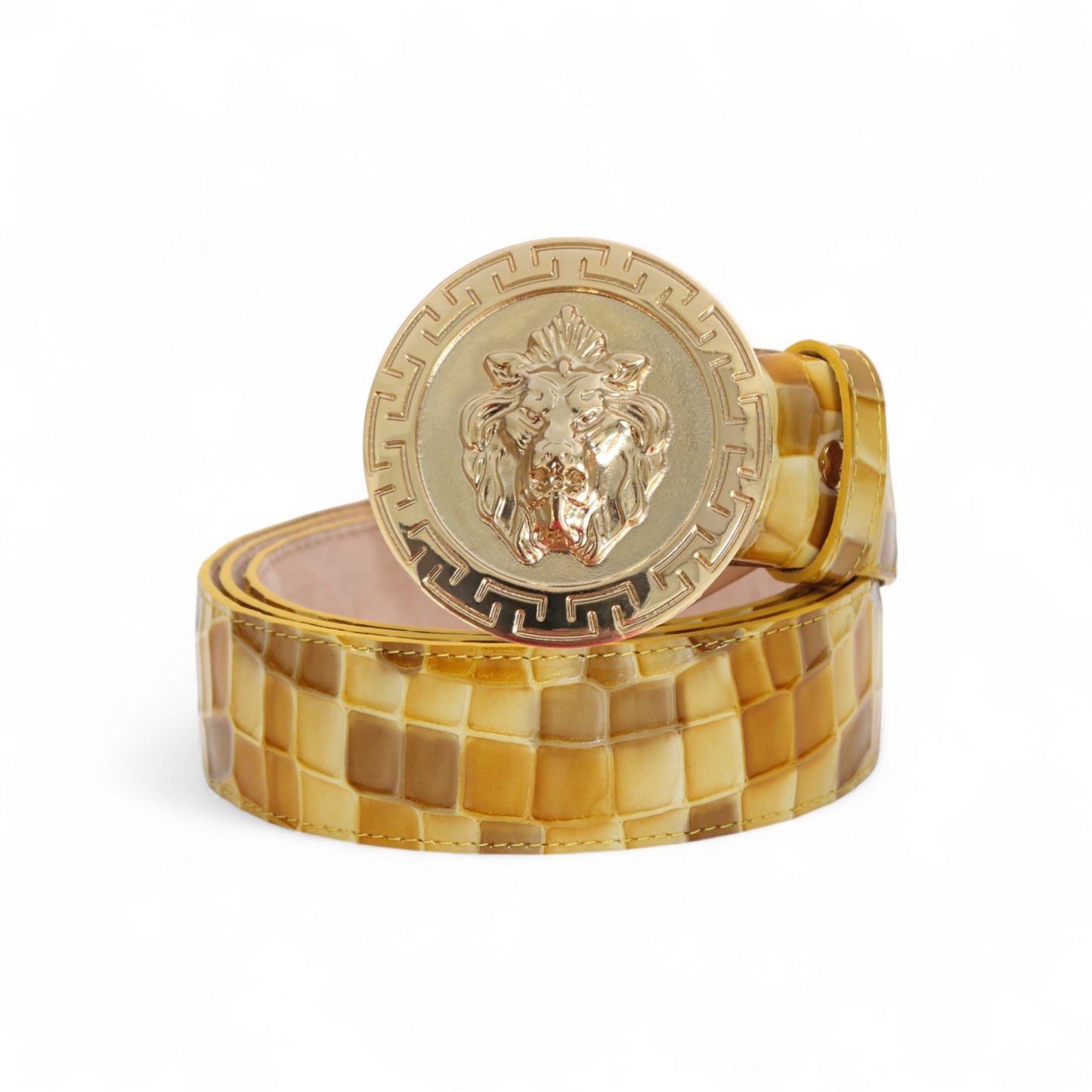 Handcrafted, the Matiste Yellow Leather Belt NS1 features a geometric patterned strap and a large round buckle with a lion’s head, exuding bold elegance.