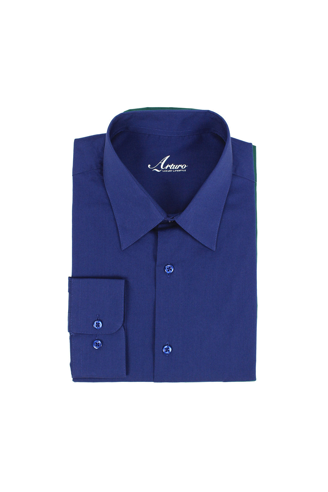 Folded navy dress shirt crafted from a cotton-spandex blend, featuring buttoned cuffs and collar, labeled "Arturo" inside the collar.