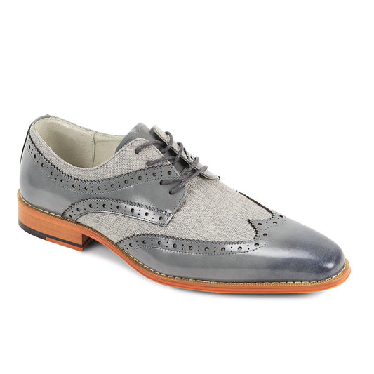 The GIOVANNI Giovanni Nico Grey Leather Shoes feature gray and light gray leather, wingtip brogue detailing, brown sole, genuine leather accents, and gray laces.