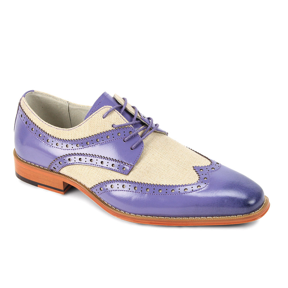 The GIOVANNI "Nico" Lavender/Beige Leather Shoes feature genuine leather purple accents, beige linen panels, brogue detailing, and a tan sole for a stylish two-tone look.