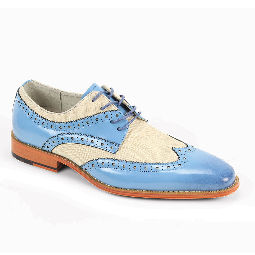 The GIOVANNI Giovanni Nico Light Blue/Beige Leather Shoes feature a genuine leather blue finish, beige linen panels, brogue detailing, and a wooden sole.