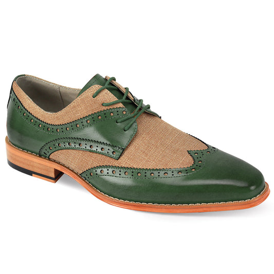Giovanni Nico Olive/Natural leather shoes by GIOVANNI featuring wingtip brogue design, lace detail, and a wooden heel.