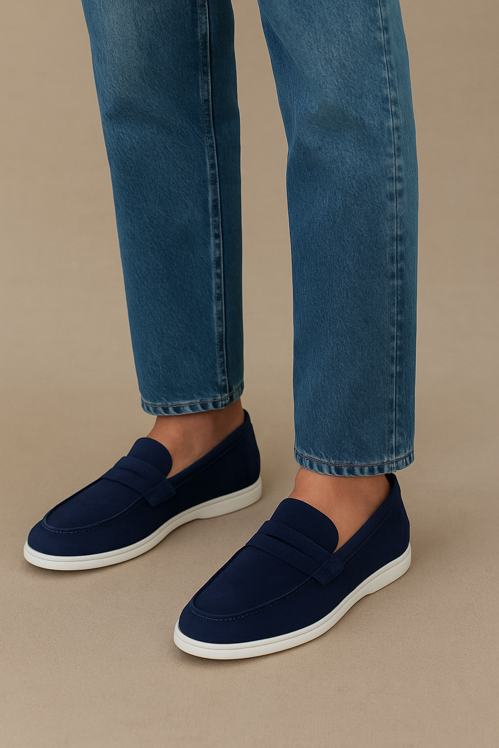 The BELVEDERE Niko is a men's penny loafer in navy Italian suede with hand-stitching and a white rubber sole, shown in side profile against a white background.