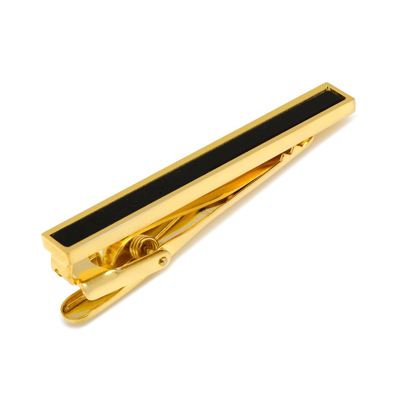 The Gold and Onyx Inlaid Tie Clip by Cufflinks.com, featuring a rectangular black inlay, is displayed against a white background.