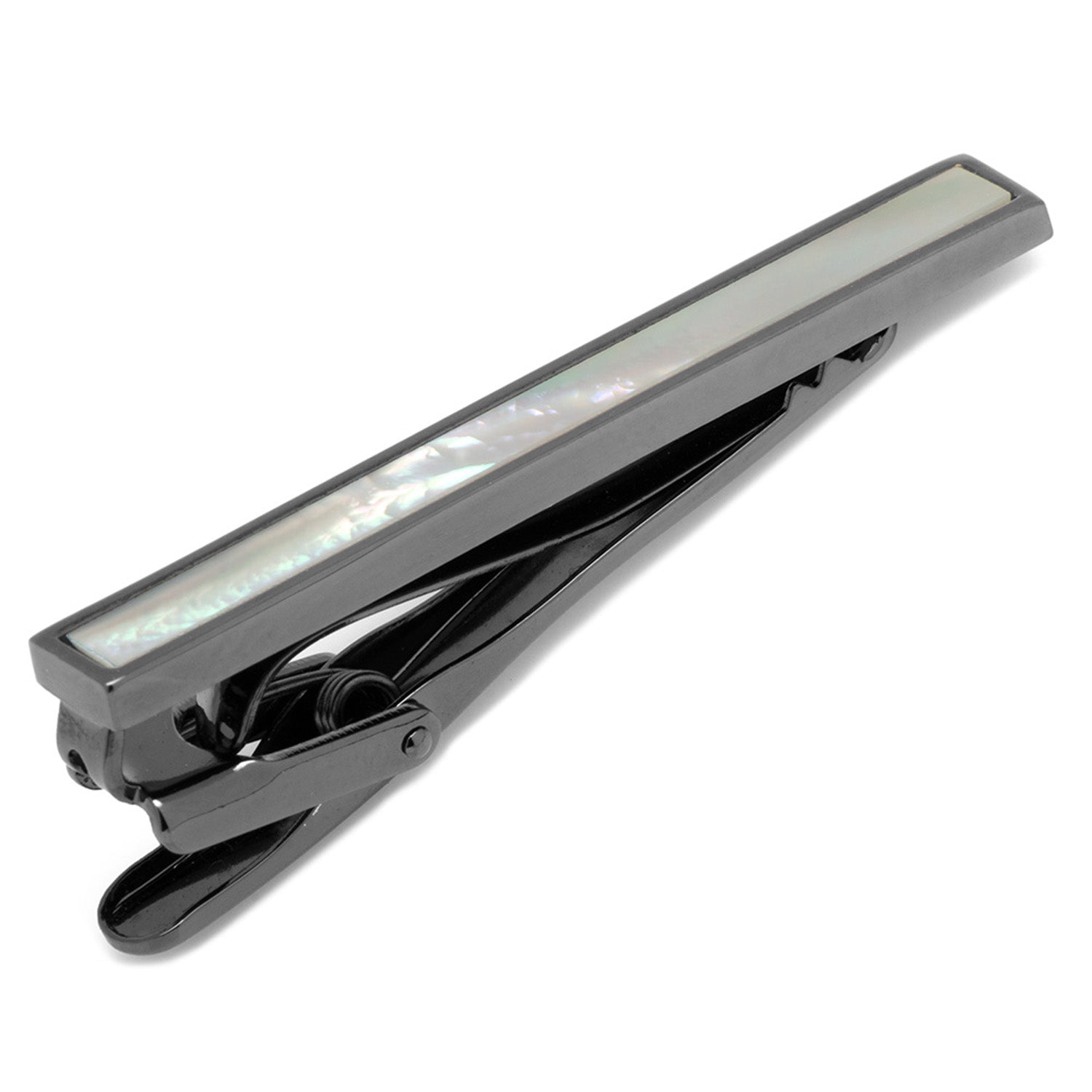 The Cufflinks.com Gunmetal and Mother of Pearl Inlaid Tie Clip features a sleek gunmetal finish with a rectangular iridescent inlay, adding refined style to your accessory collection.