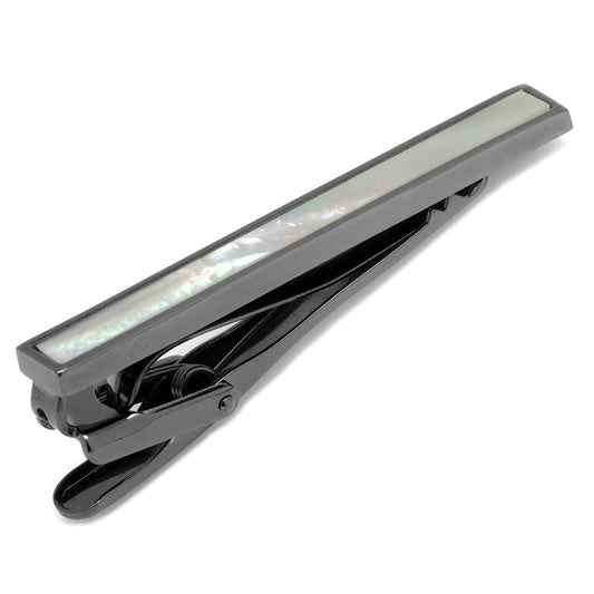 The Cufflinks.com Gunmetal and Mother of Pearl Inlaid Tie Clip features a sleek gunmetal finish with a rectangular iridescent inlay, adding refined style to your accessory collection.