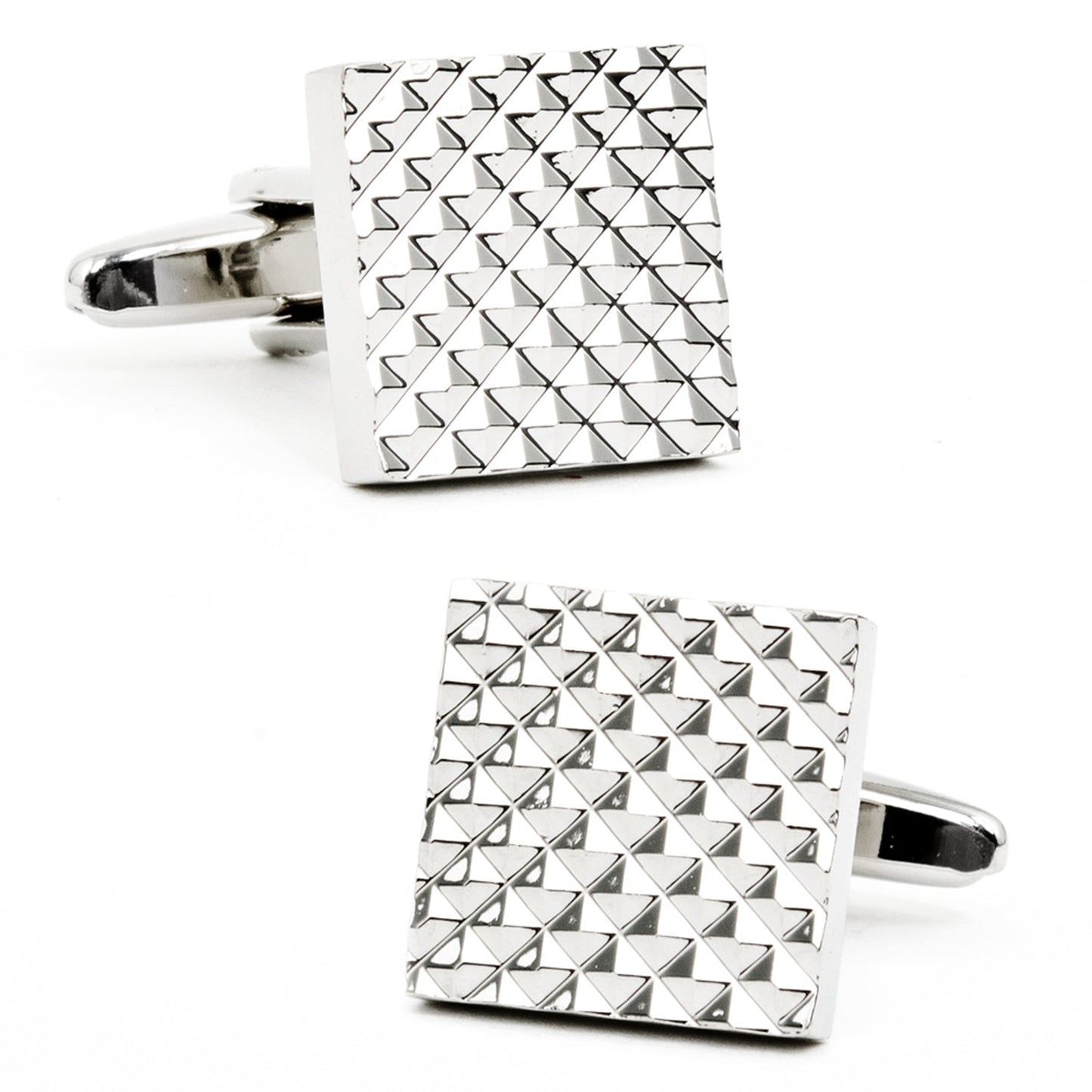 The Apex Square Cufflinks by Cufflinks.com feature a silver, rhodium-plated finish and a textured geometric pyramid pattern, making them a refined accessory for formal occasions.