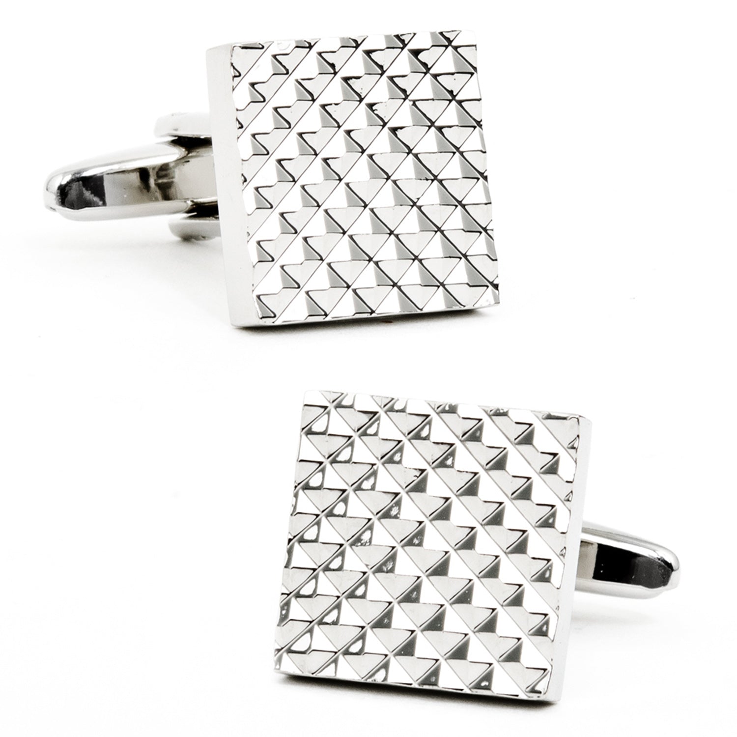 The Apex Square Cufflinks by Cufflinks.com feature a silver, rhodium-plated finish and a textured geometric pyramid pattern, making them a refined accessory for formal occasions.