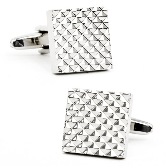 The Apex Square Cufflinks by Cufflinks.com feature a silver, rhodium-plated finish and a textured geometric pyramid pattern, making them a refined accessory for formal occasions.