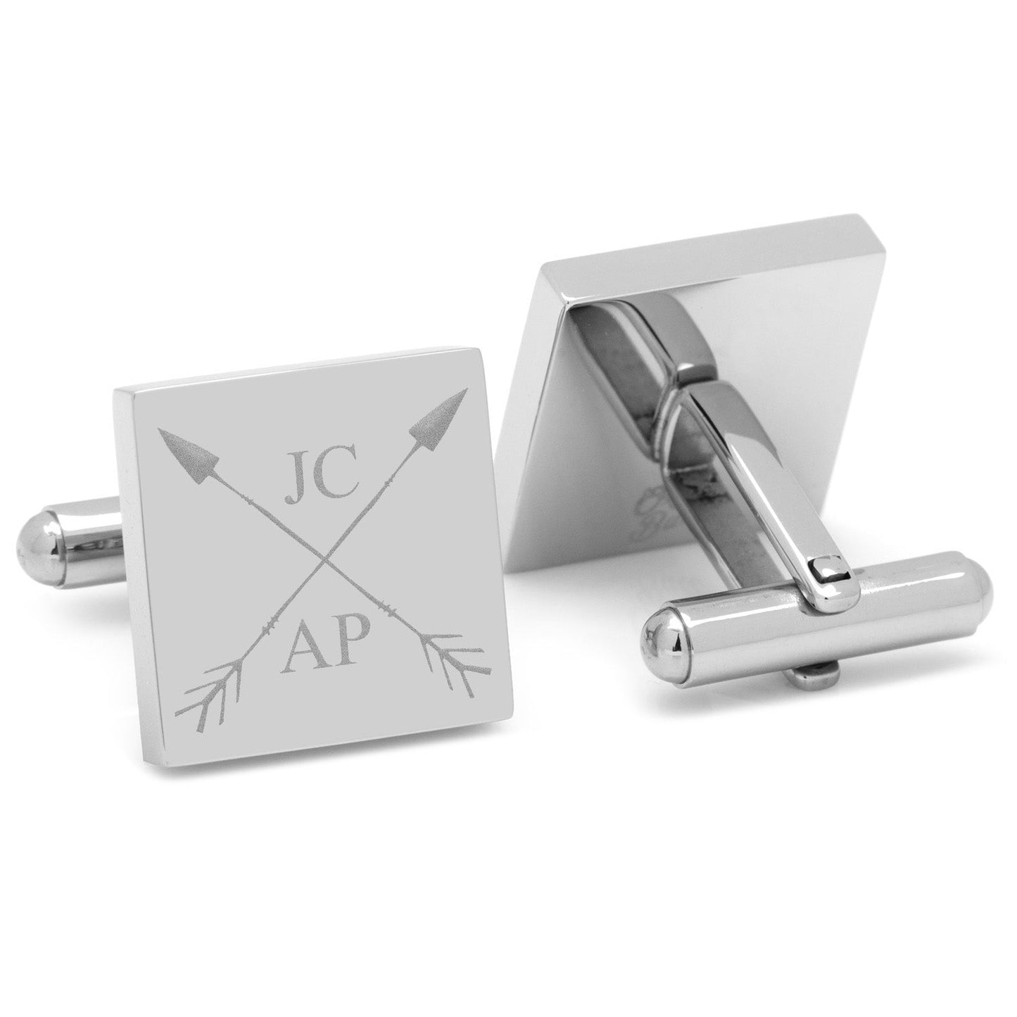 The Crossed Arrows Engravable Cufflinks from Cufflinks.com feature square stainless steel, two crossed arrows, and custom initials, creating a striking, personalized accessory.