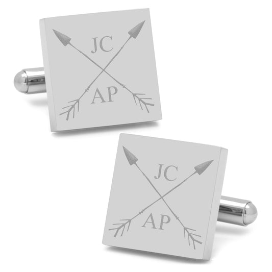 The Crossed Arrows Engravable Cufflinks from Cufflinks.com feature square stainless steel, two crossed arrows, and custom initials, creating a striking, personalized accessory.