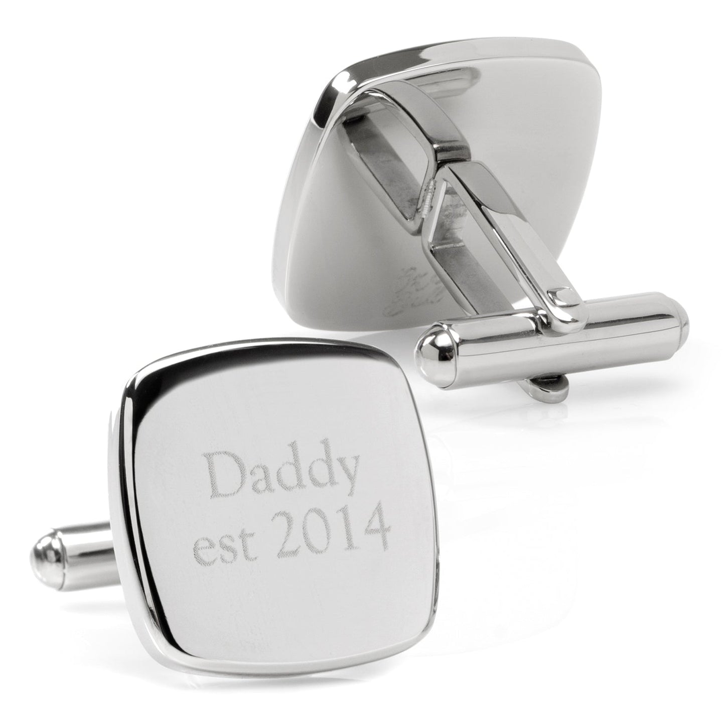 Daddy Established Engravable Cufflinks by Cufflinks.com feature custom silver engraving, like "Daddy est 2014" and "Charlotte Bentley Cameron." A thoughtful, personalized gift perfect for any occasion.