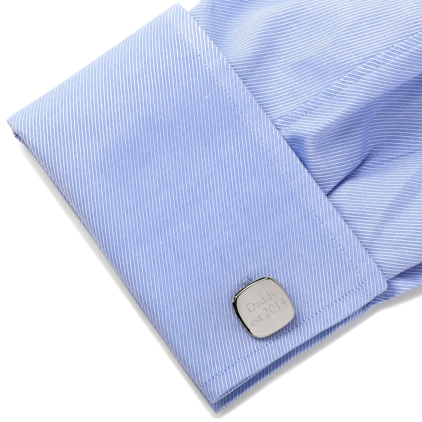 Daddy Established Engravable Cufflinks by Cufflinks.com feature custom silver engraving, like "Daddy est 2014" and "Charlotte Bentley Cameron." A thoughtful, personalized gift perfect for any occasion.