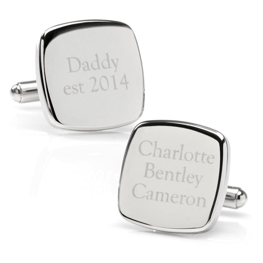 Daddy Established Engravable Cufflinks by Cufflinks.com feature custom silver engraving, like "Daddy est 2014" and "Charlotte Bentley Cameron." A thoughtful, personalized gift perfect for any occasion.
