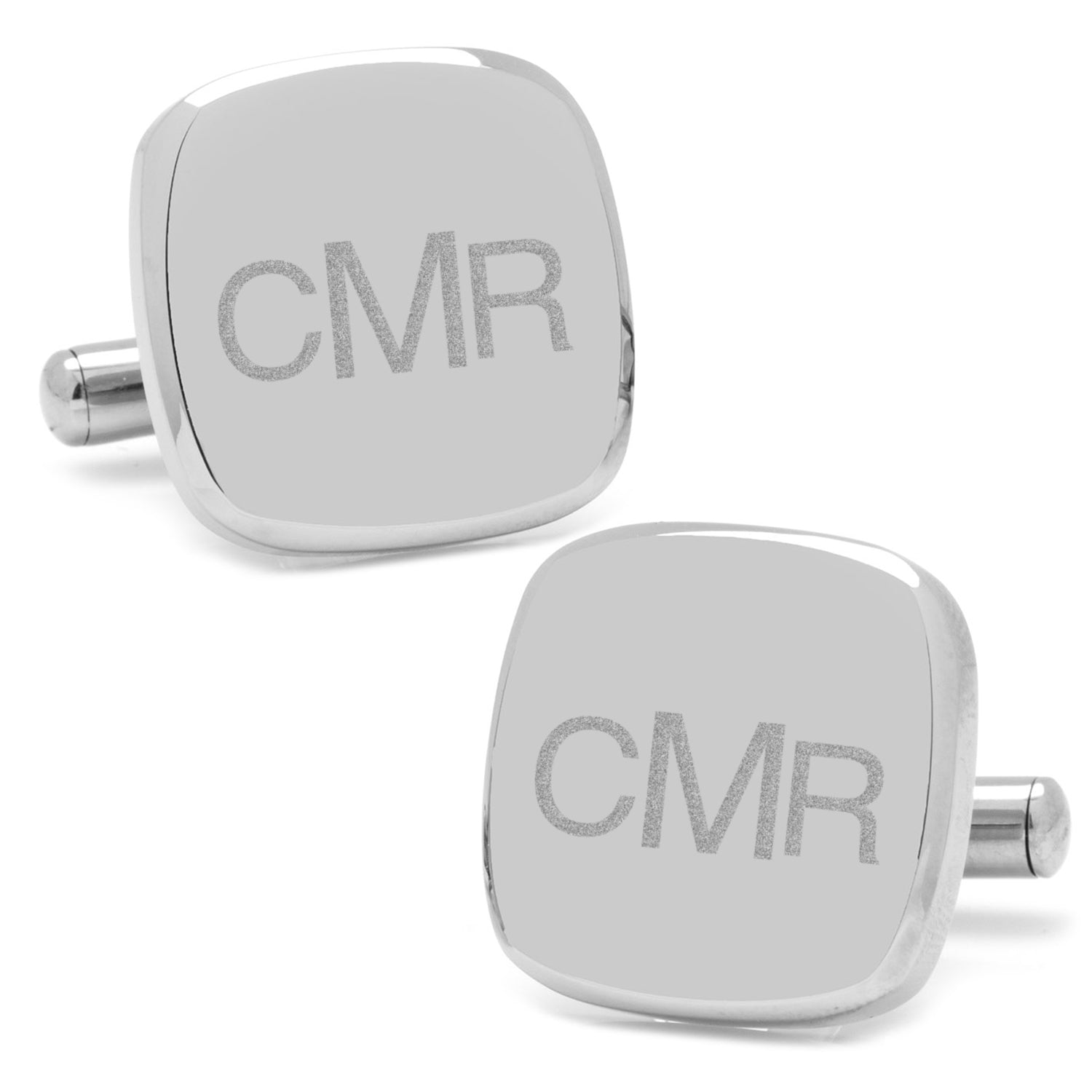 Cufflinks.com's Stainless Steel Soft Square Engravable Cufflinks feature the initials "CMR" elegantly engraved on each, adding a personalized touch.