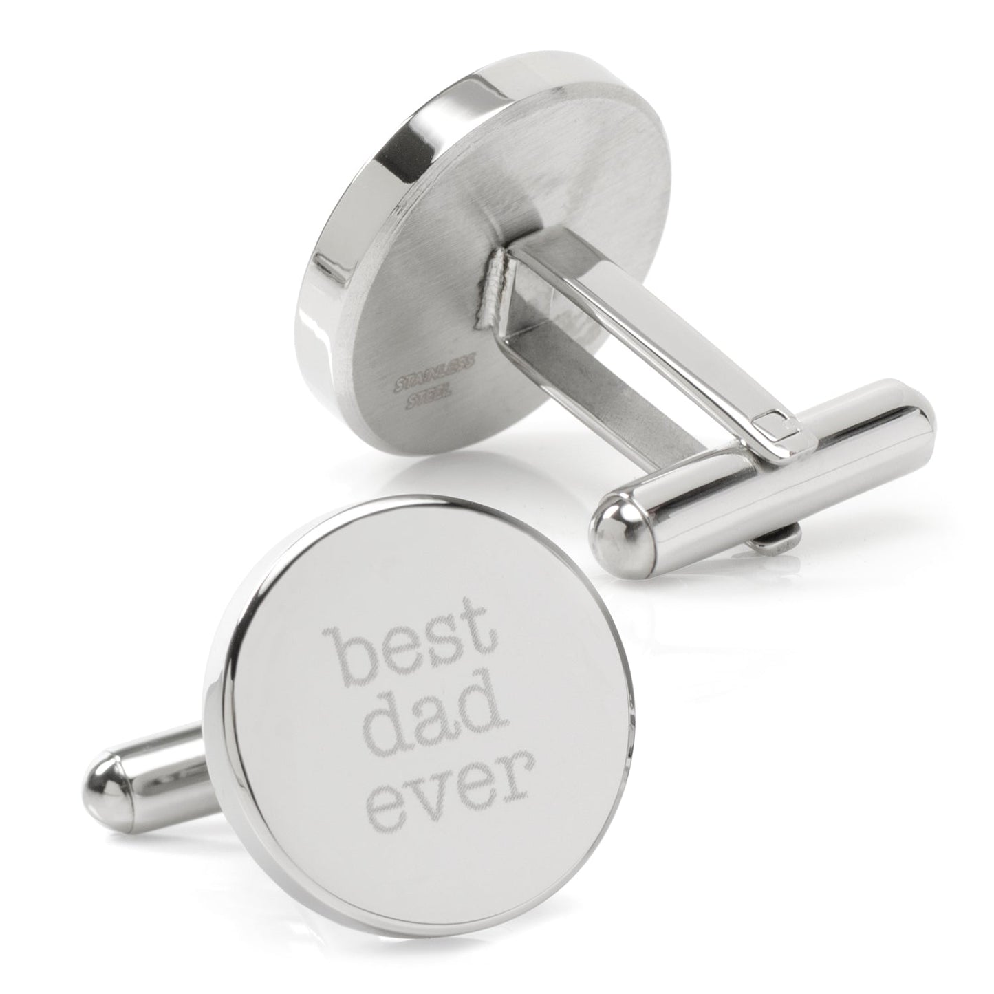 The Best Dad Ever Engravable Cufflinks by Cufflinks.com feature one cufflink engraved with “best dad ever” and the other with “love, olivia, henry & grayson”—a meaningful gift he’ll cherish.
