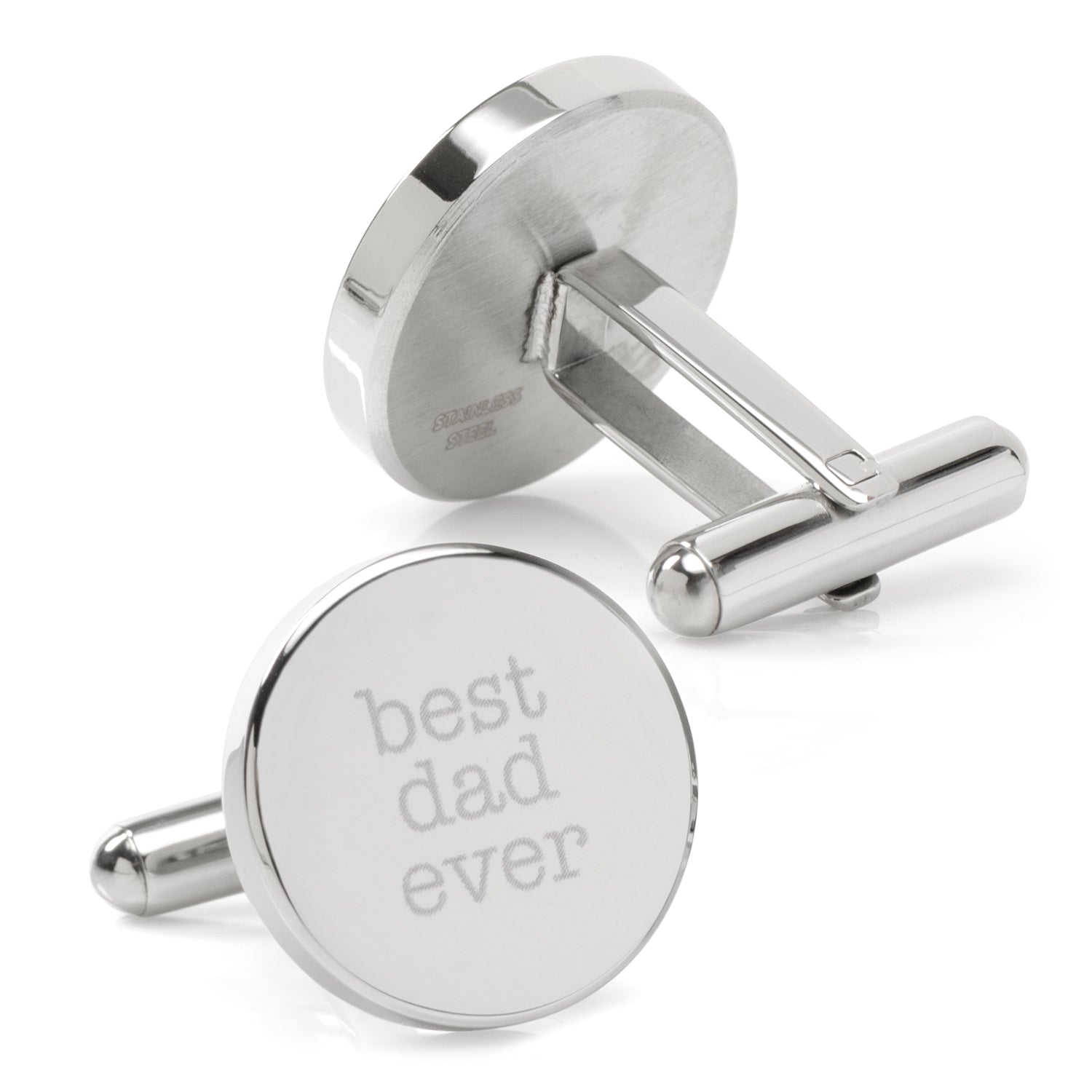 The Best Dad Ever Engravable Cufflinks by Cufflinks.com feature one cufflink engraved with “best dad ever” and the other with “love, olivia, henry & grayson”—a meaningful gift he’ll cherish.