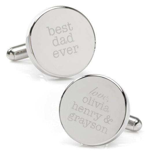 The Best Dad Ever Engravable Cufflinks by Cufflinks.com feature one cufflink engraved with “best dad ever” and the other with “love, olivia, henry & grayson”—a meaningful gift he’ll cherish.