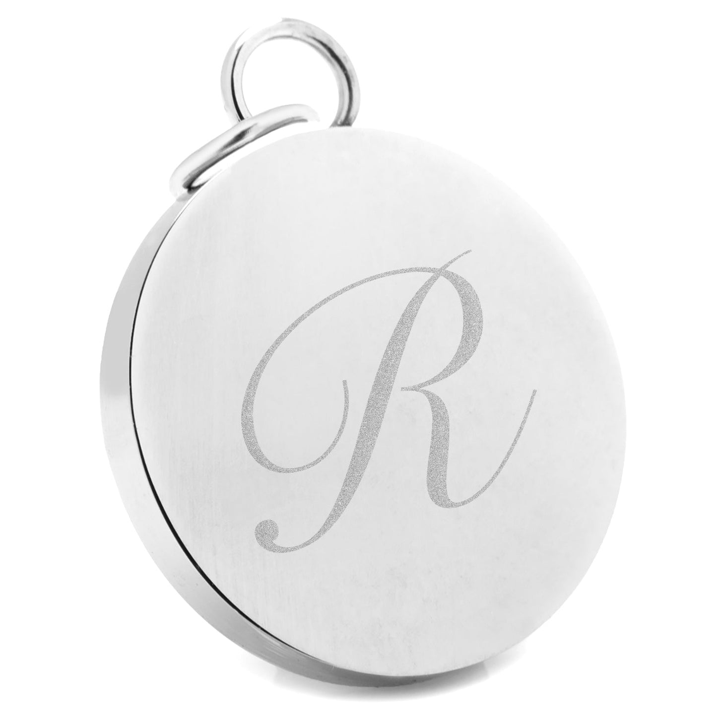 The Cufflinks.com Stainless Steel Engravable Round Infinity Pendant features a smooth, closed design with a metal loop for easy attachment—ideal for personalized engraving or as a unique accessory.