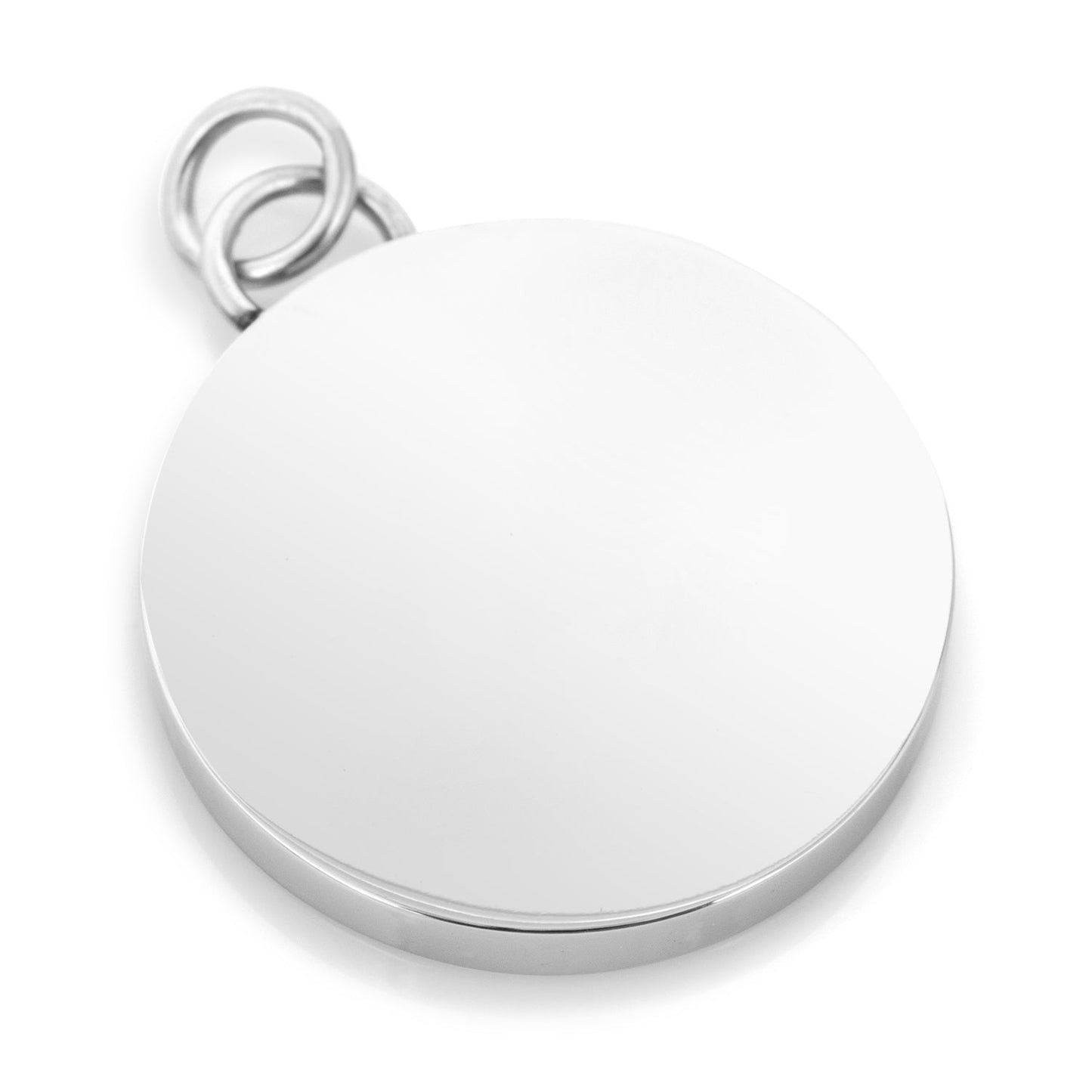 The Cufflinks.com Stainless Steel Engravable Round Infinity Pendant features a smooth, closed design with a metal loop for easy attachment—ideal for personalized engraving or as a unique accessory.