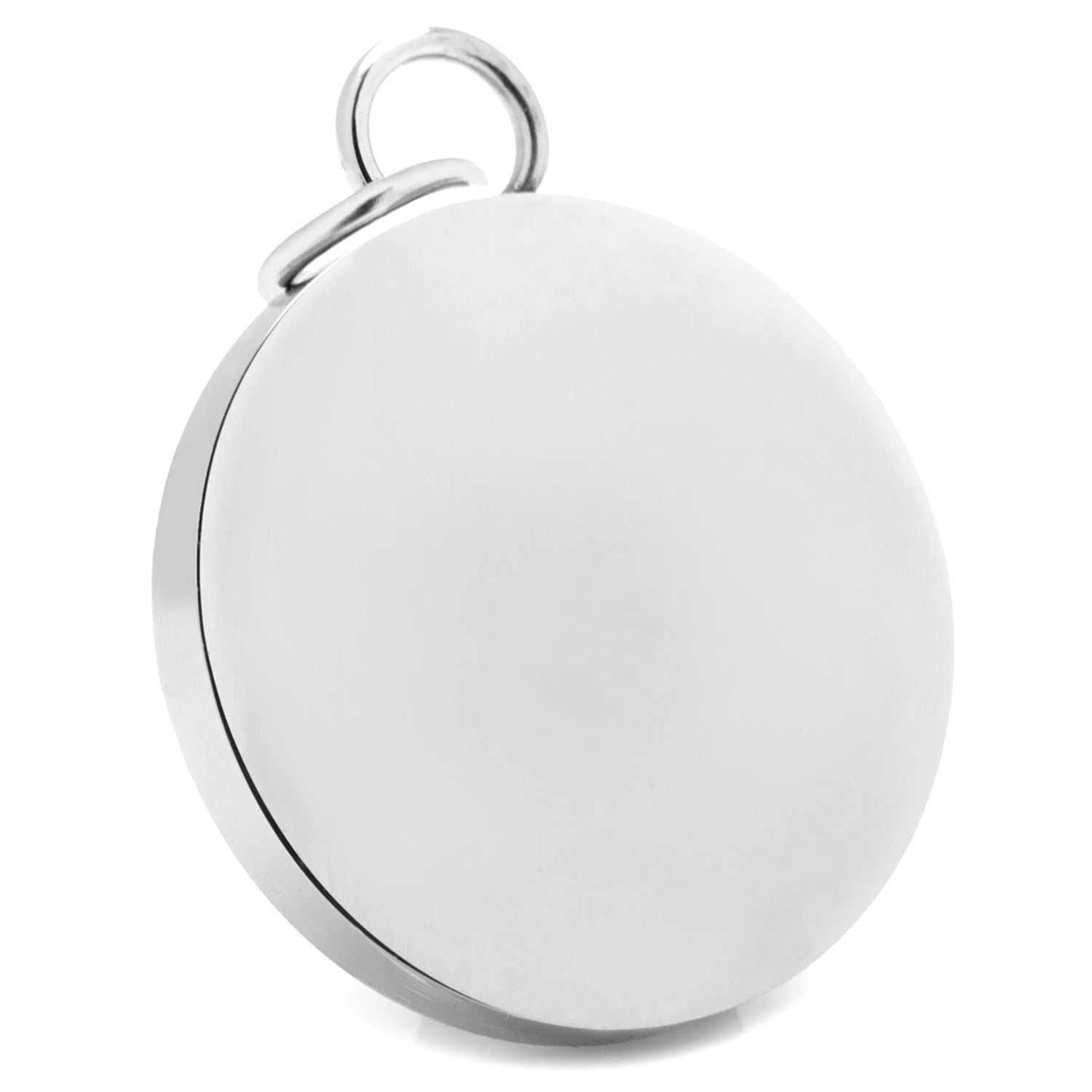 The Cufflinks.com Stainless Steel Engravable Round Infinity Pendant features a smooth, closed design with a metal loop for easy attachment—ideal for personalized engraving or as a unique accessory.