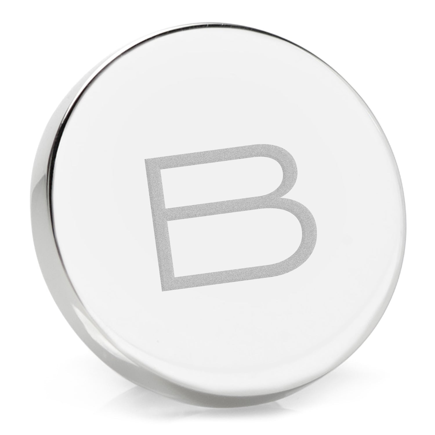 The Cufflinks.com Stainless Steel Engravable Round Infinity Tie Tac features a smooth, reflective silver finish and flat, circular design, shown here against a white background.