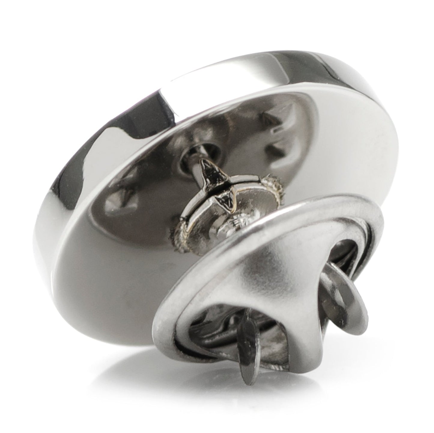 The Cufflinks.com Stainless Steel Engravable Round Infinity Tie Tac features a smooth, reflective silver finish and flat, circular design, shown here against a white background.