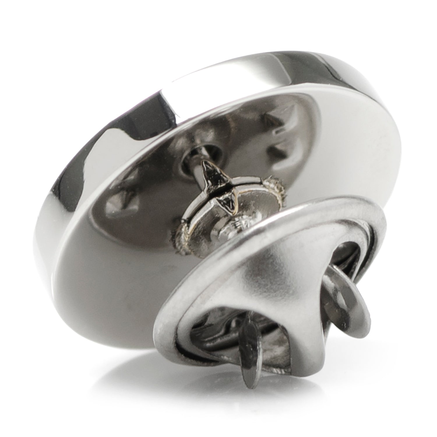 The Cufflinks.com Stainless Steel Engravable Round Infinity Tie Tac features a smooth, reflective silver finish and flat, circular design, shown here against a white background.