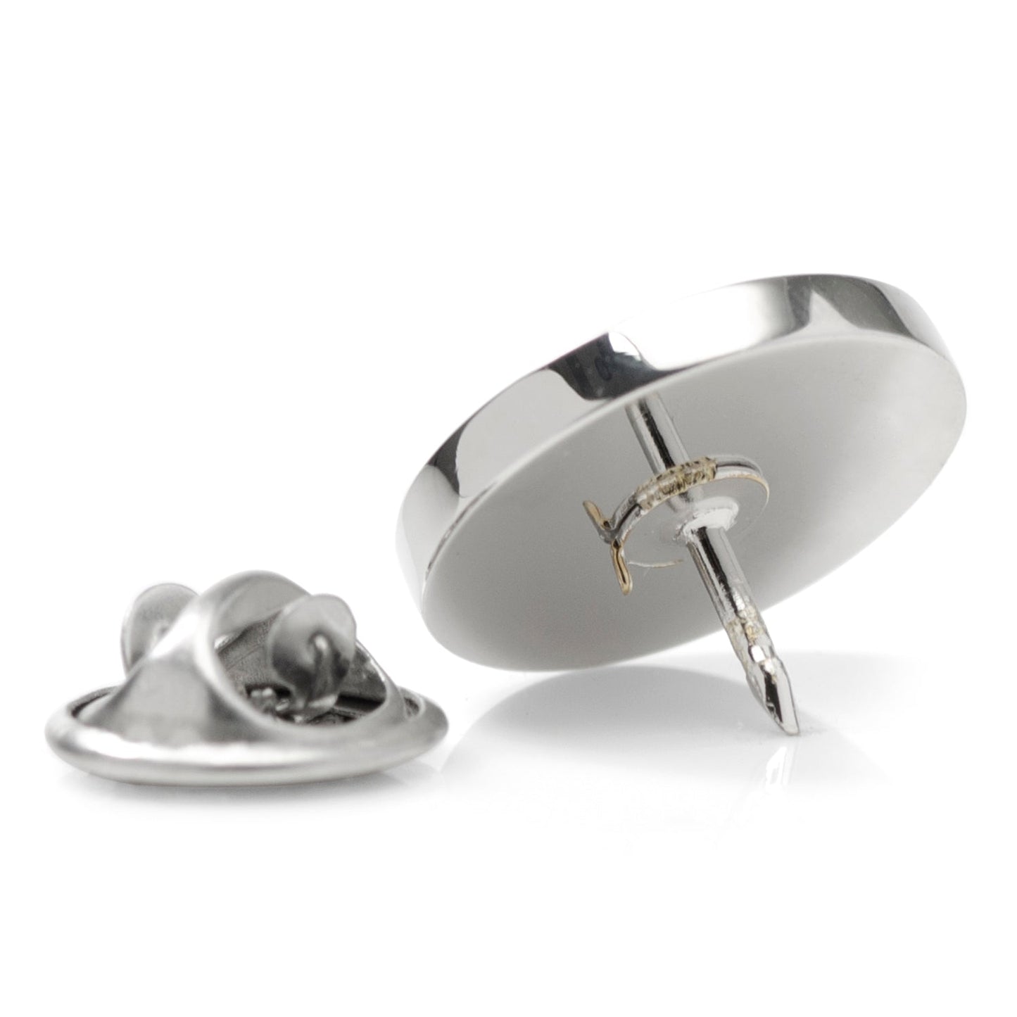 The Cufflinks.com Stainless Steel Engravable Round Infinity Tie Tac features a smooth, reflective silver finish and flat, circular design, shown here against a white background.