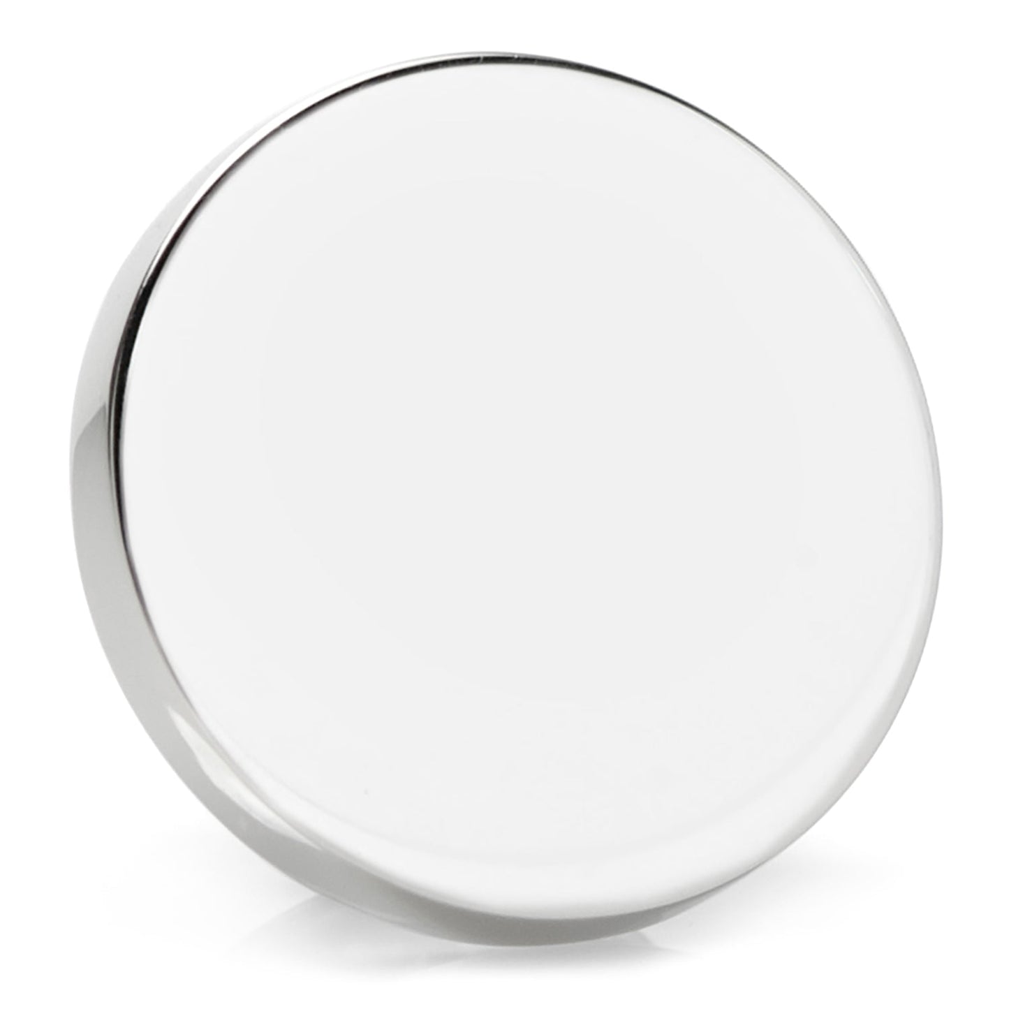 The Cufflinks.com Stainless Steel Engravable Round Infinity Tie Tac features a smooth, reflective silver finish and flat, circular design, shown here against a white background.