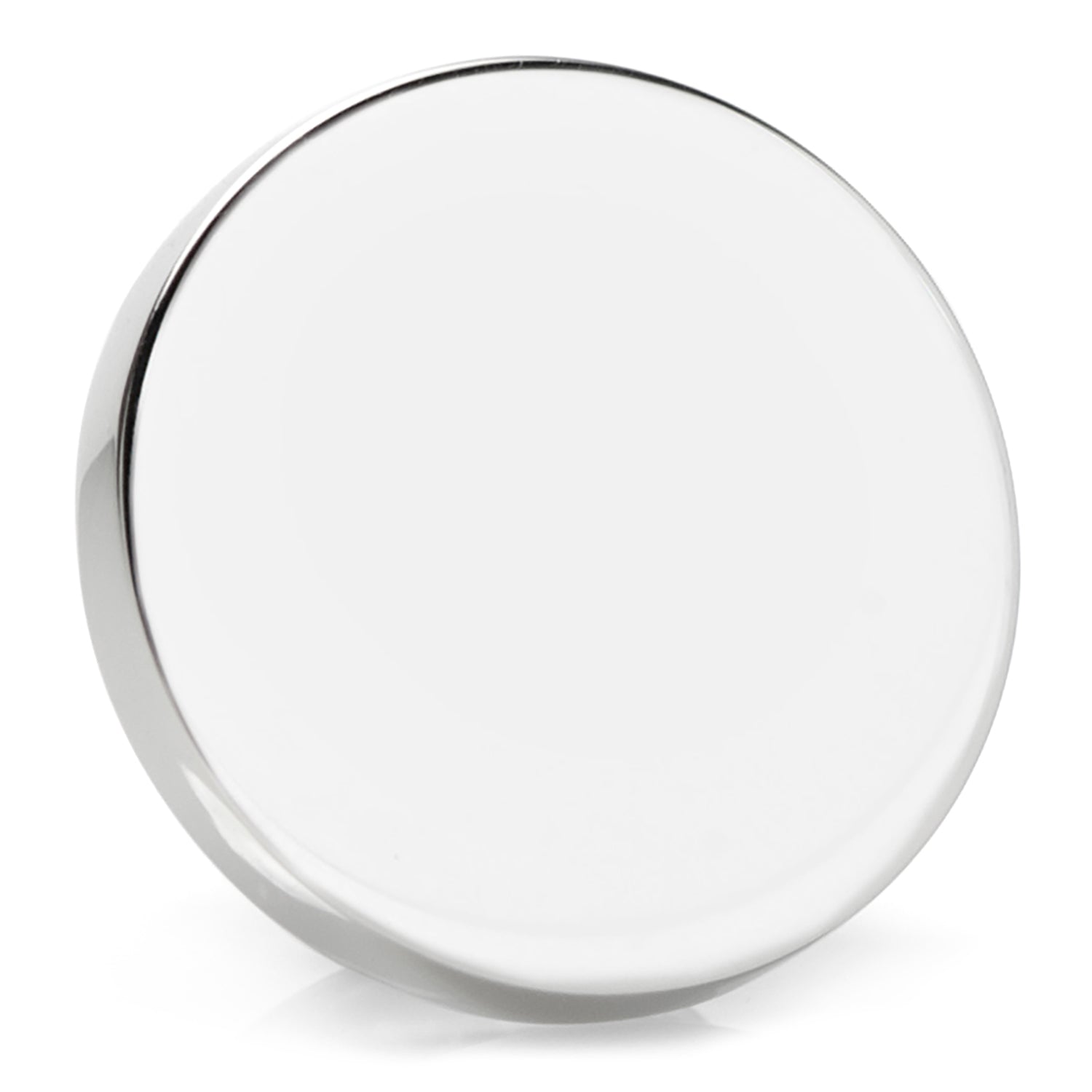 The Cufflinks.com Stainless Steel Engravable Round Infinity Tie Tac features a smooth, reflective silver finish and flat, circular design, shown here against a white background.