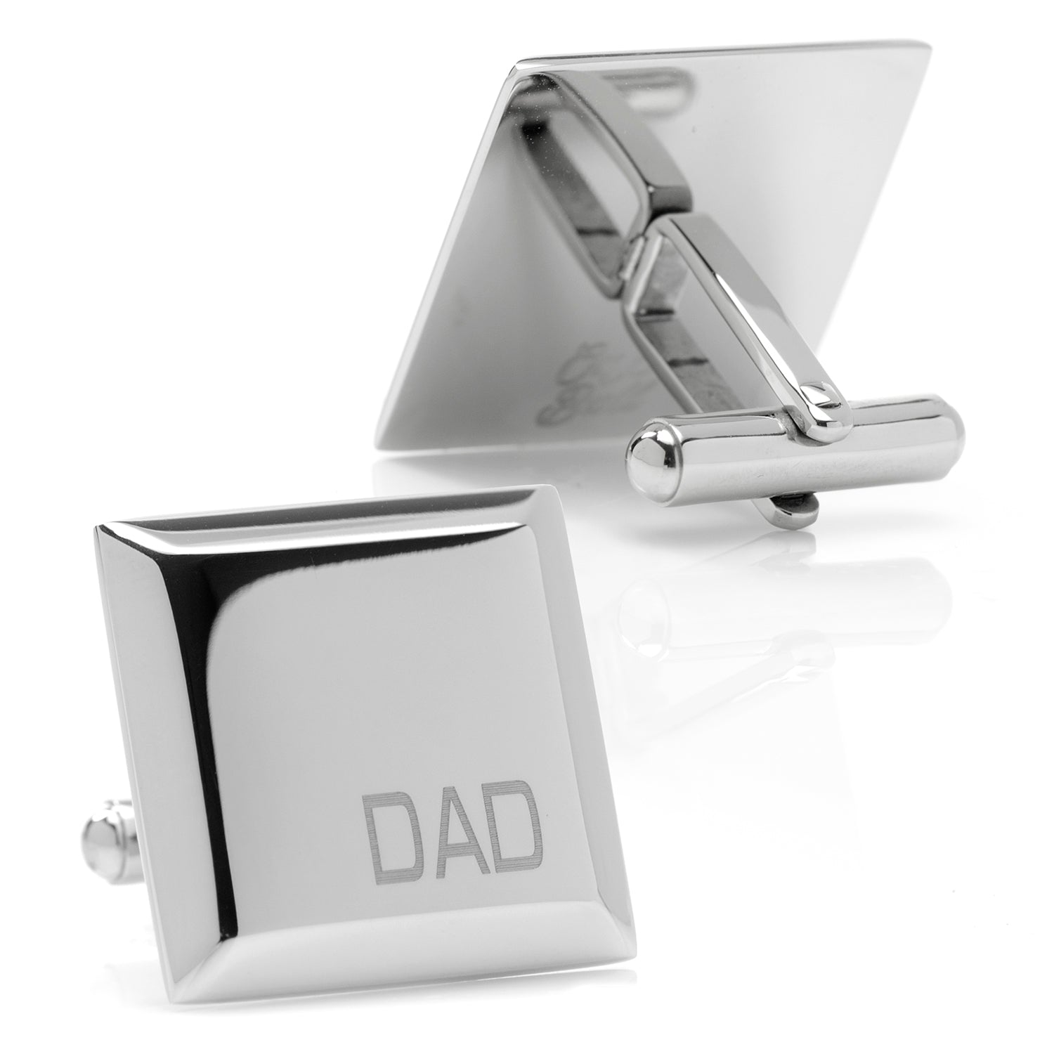 DAD Cufflinks by Cufflinks.com are shown on a white background, featuring a square stainless steel design engraved with "DAD"—a timeless gift for any occasion.