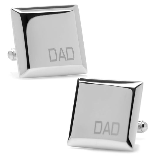 DAD Cufflinks by Cufflinks.com are shown on a white background, featuring a square stainless steel design engraved with "DAD"—a timeless gift for any occasion.