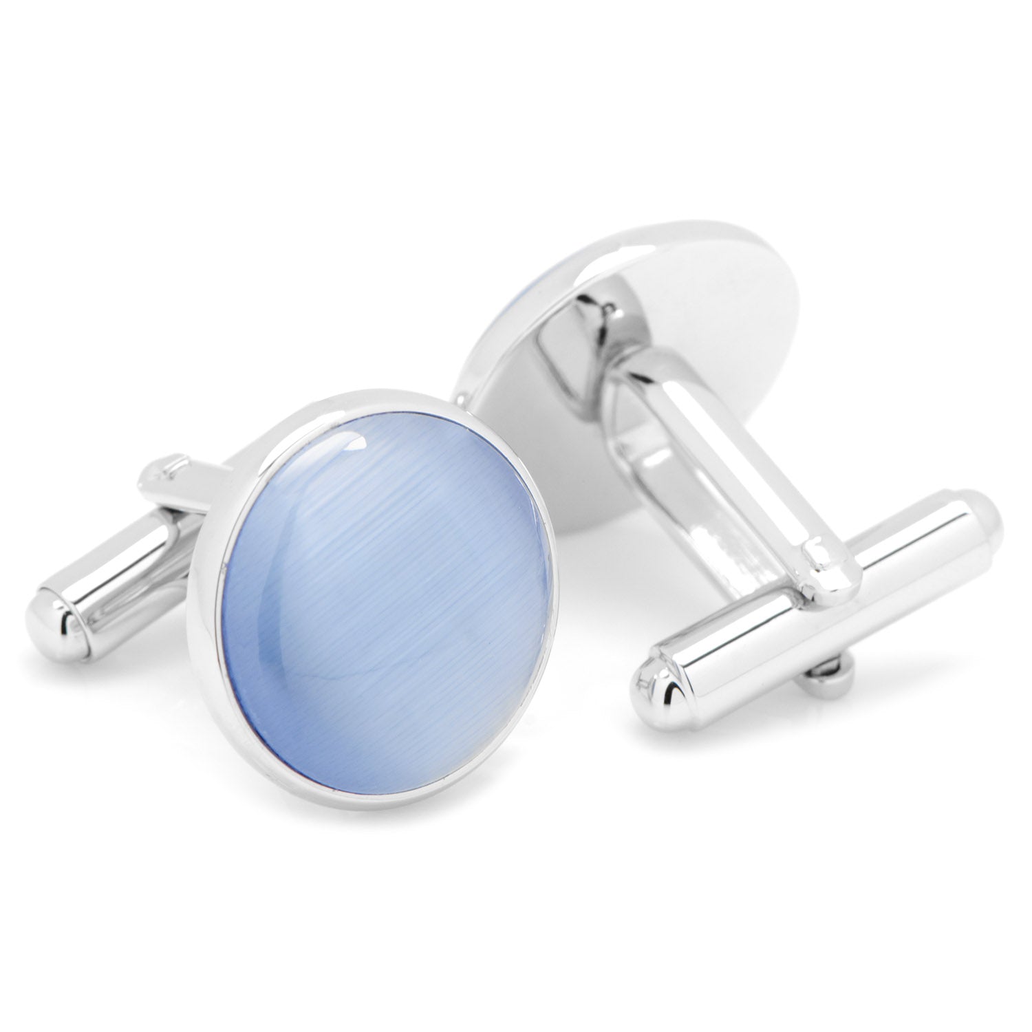 The Silver and Blue Catseye Cufflinks by Cufflinks.com feature round, light blue polished faces with silver-tone settings, elegantly displayed on a white background—an ideal men's accessory.