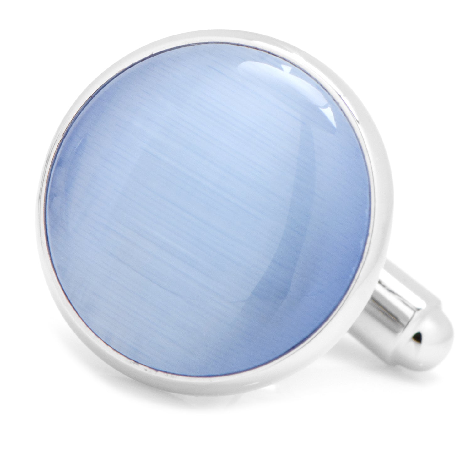 The Silver and Blue Catseye Cufflinks by Cufflinks.com feature round, light blue polished faces with silver-tone settings, elegantly displayed on a white background—an ideal men's accessory.