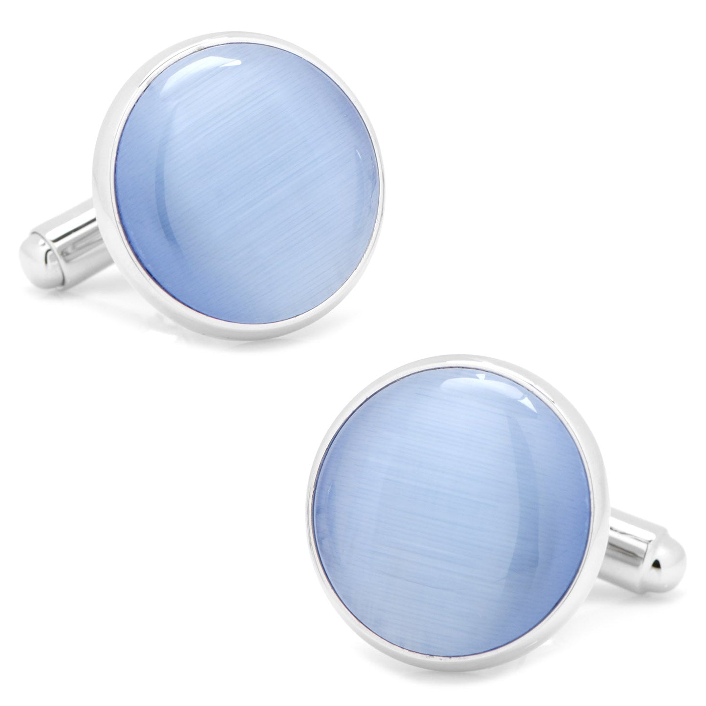 The Silver and Blue Catseye Cufflinks by Cufflinks.com feature round, light blue polished faces with silver-tone settings, elegantly displayed on a white background—an ideal men's accessory.