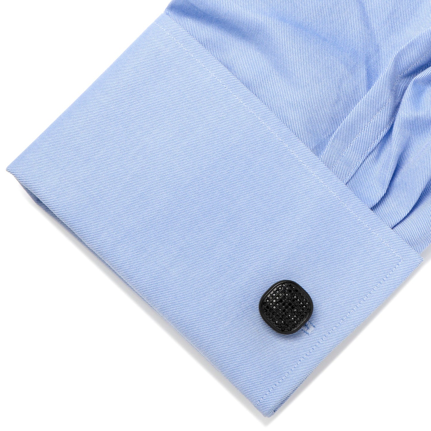 The Black Stainless Steel Black Pave Crystal Cufflinks from Cufflinks.com feature a textured, beaded square design—an elegant accessorizing choice for men.