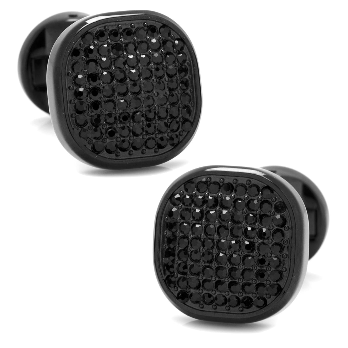 The Black Stainless Steel Black Pave Crystal Cufflinks from Cufflinks.com feature a textured, beaded square design—an elegant accessorizing choice for men.