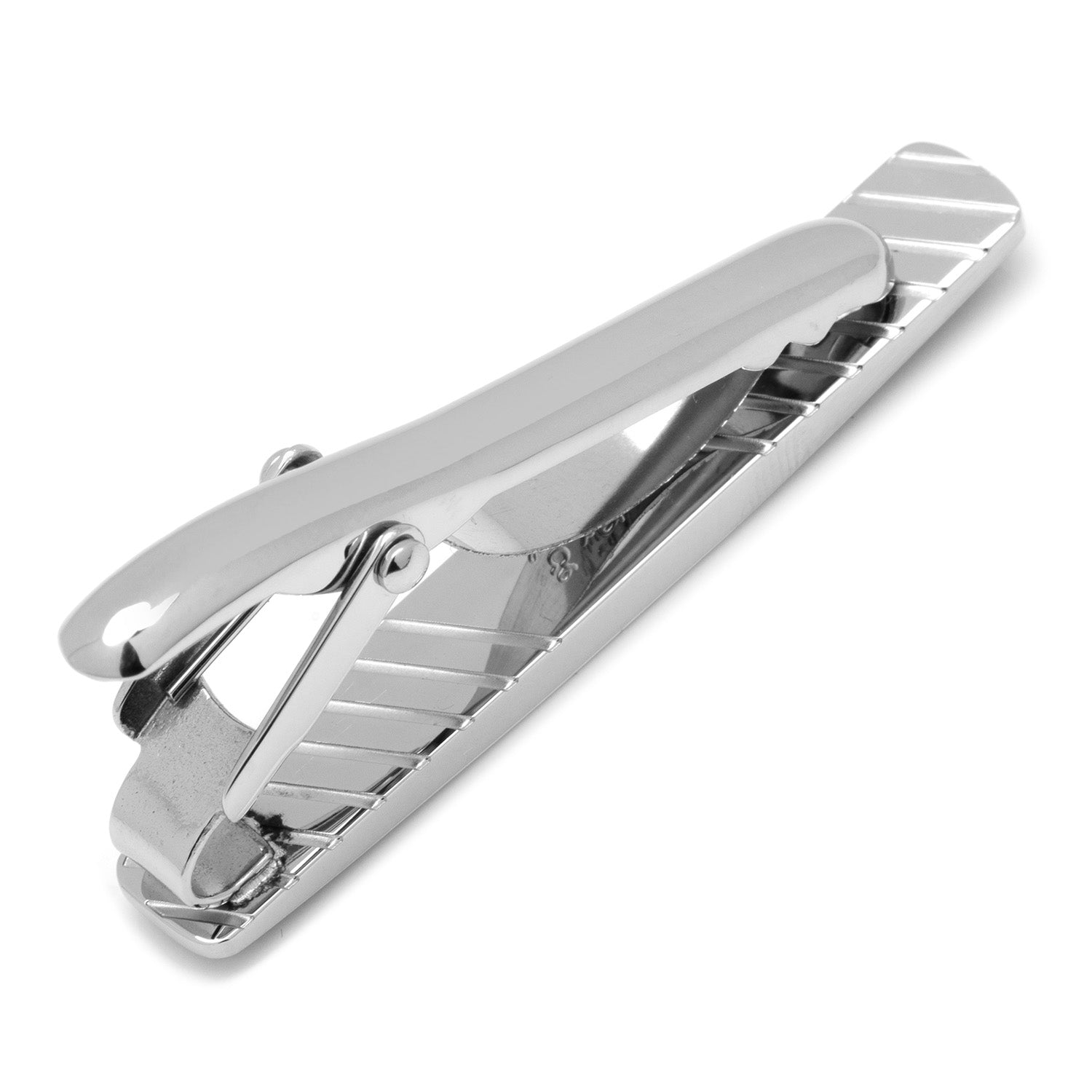 The Cufflinks.com Black Carbon Fiber Stainless Steel Tie Clip features a sleek design with a bold black carbon fiber inlay, displayed on a white background.