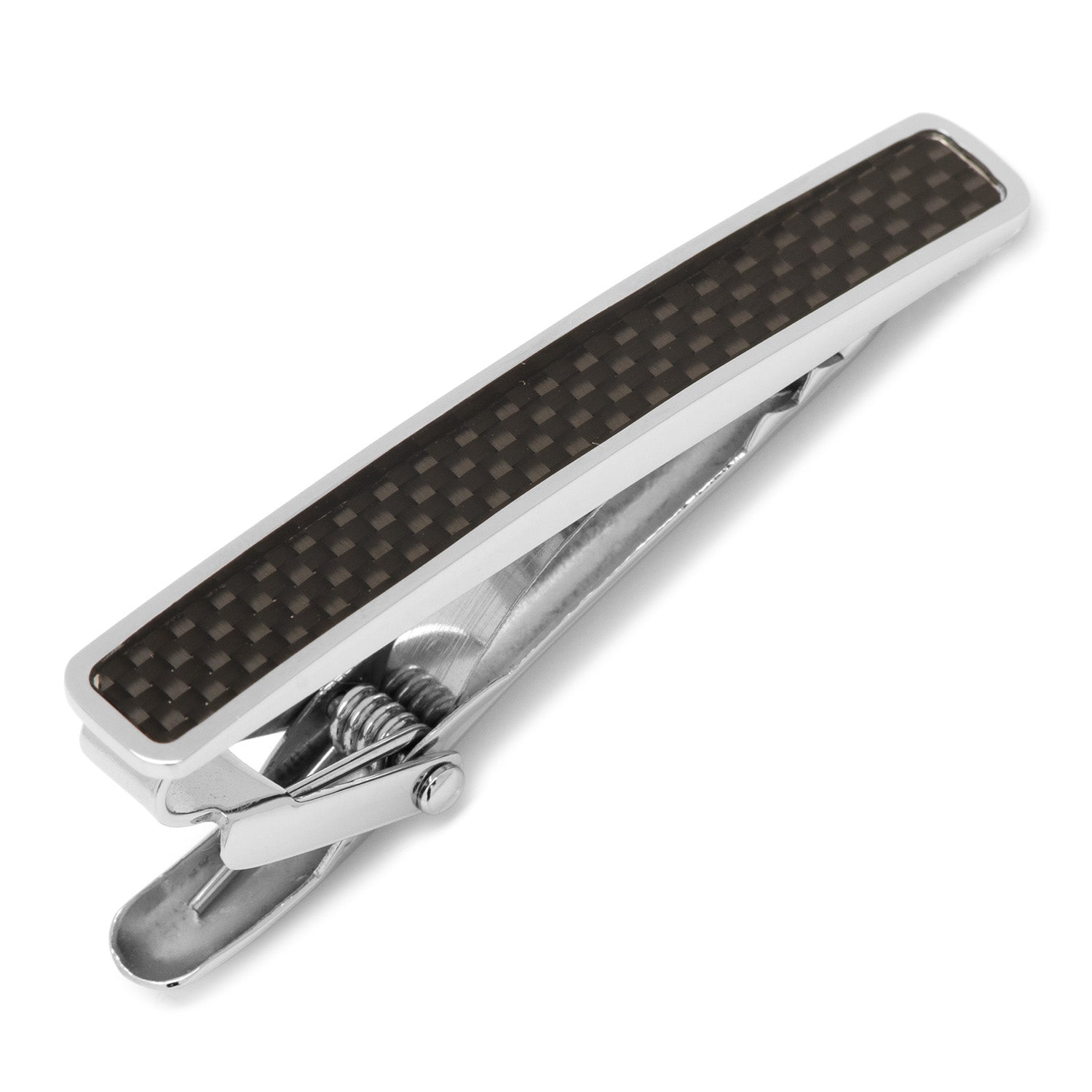 The Cufflinks.com Black Carbon Fiber Stainless Steel Tie Clip features a sleek design with a bold black carbon fiber inlay, displayed on a white background.
