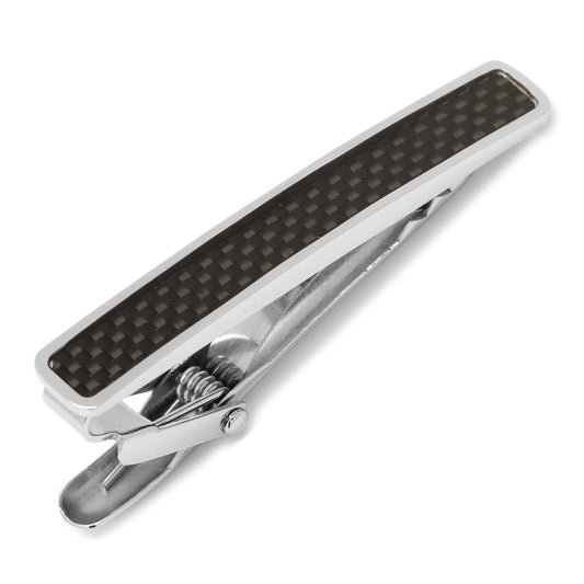The Cufflinks.com Black Carbon Fiber Stainless Steel Tie Clip features a sleek design with a bold black carbon fiber inlay, displayed on a white background.